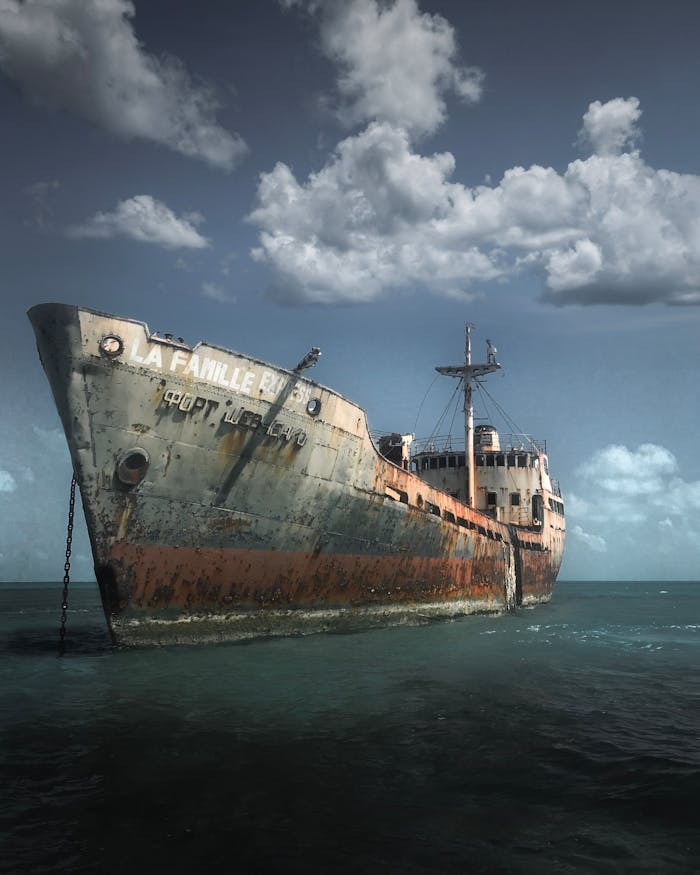 Home A rusty abandoned ship partially submerged in the ocean under a cloudy sky, evoking nostalgia.